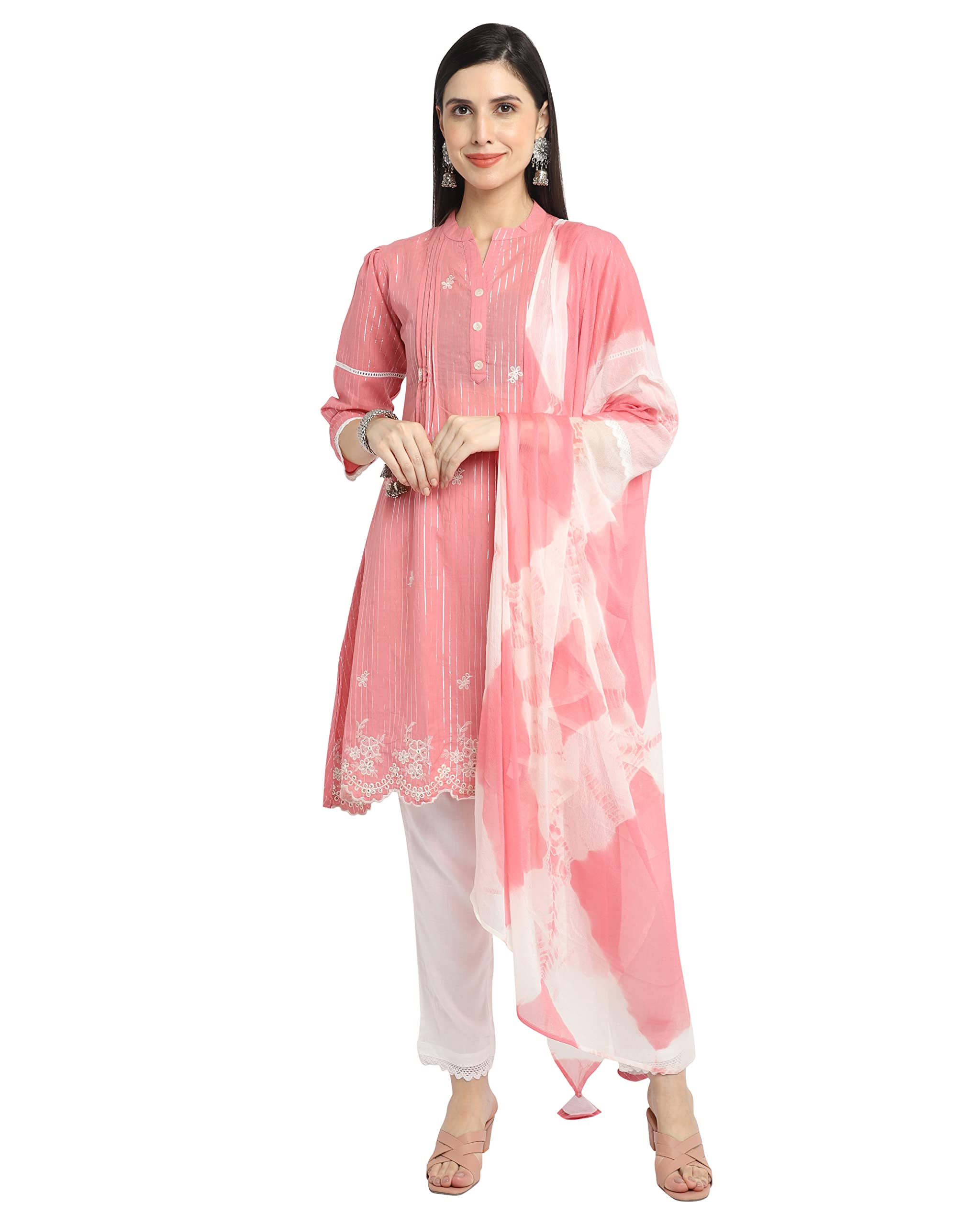 RajnandiniWomen's Pure Cambric Cotton Embroidered Kurta Set with Dupatta (JOPLVL273-P_Peach)