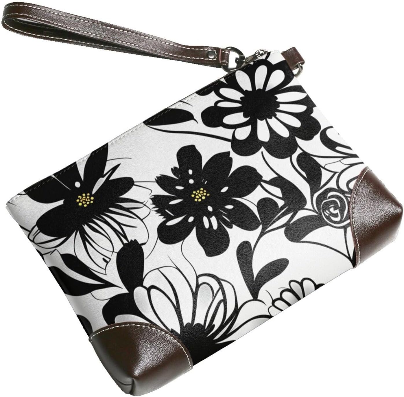 Black and White Flowers Leather Wristlet Wallet Clutch Purse for Women Handbags Travel Credit Card Holder Phone Bags