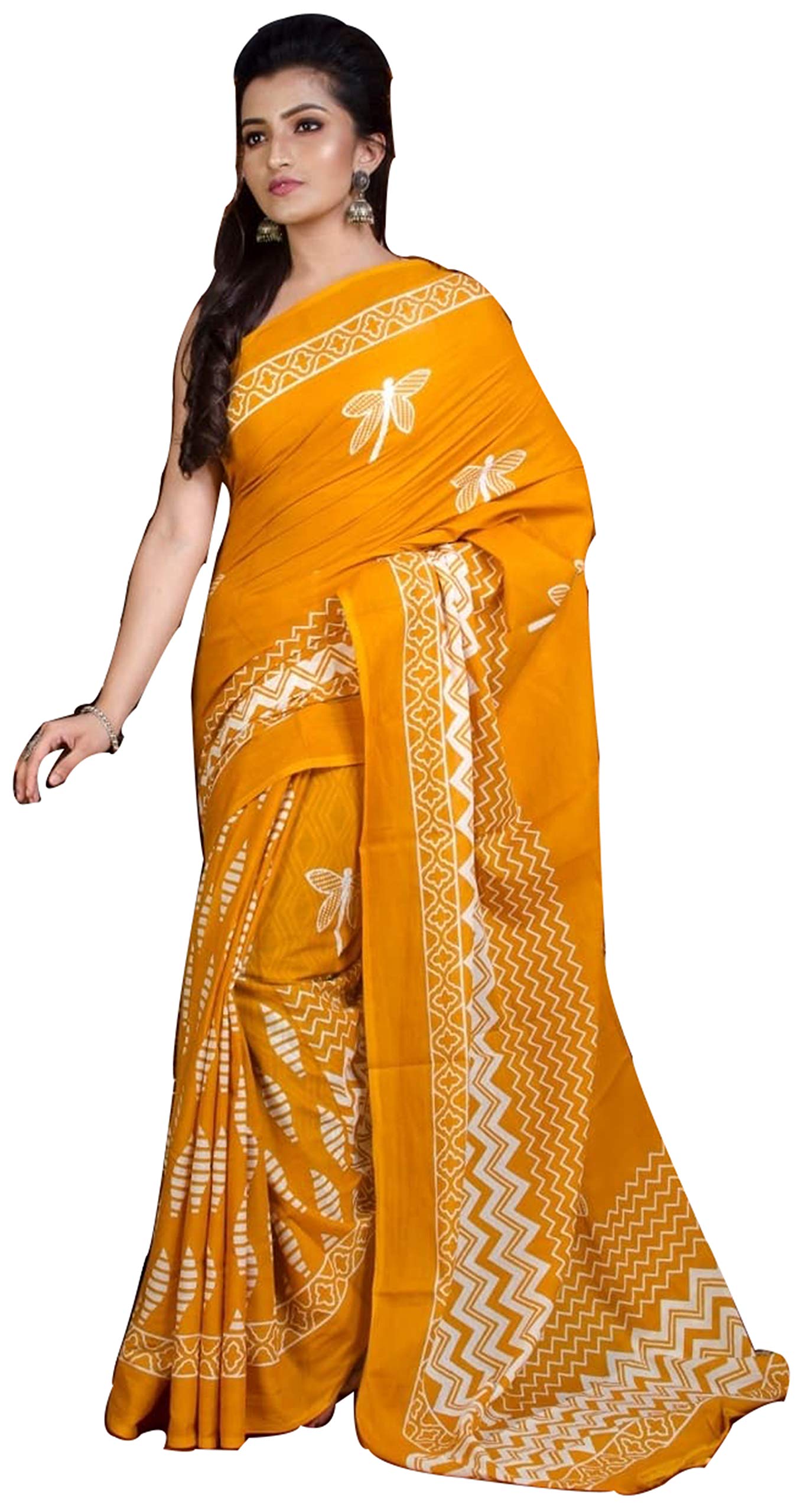 Sanganeri Block Print Women's Plain Weave Cotton Saree With Blouse Piece (JFS-COT-BTBASC_Yellow)