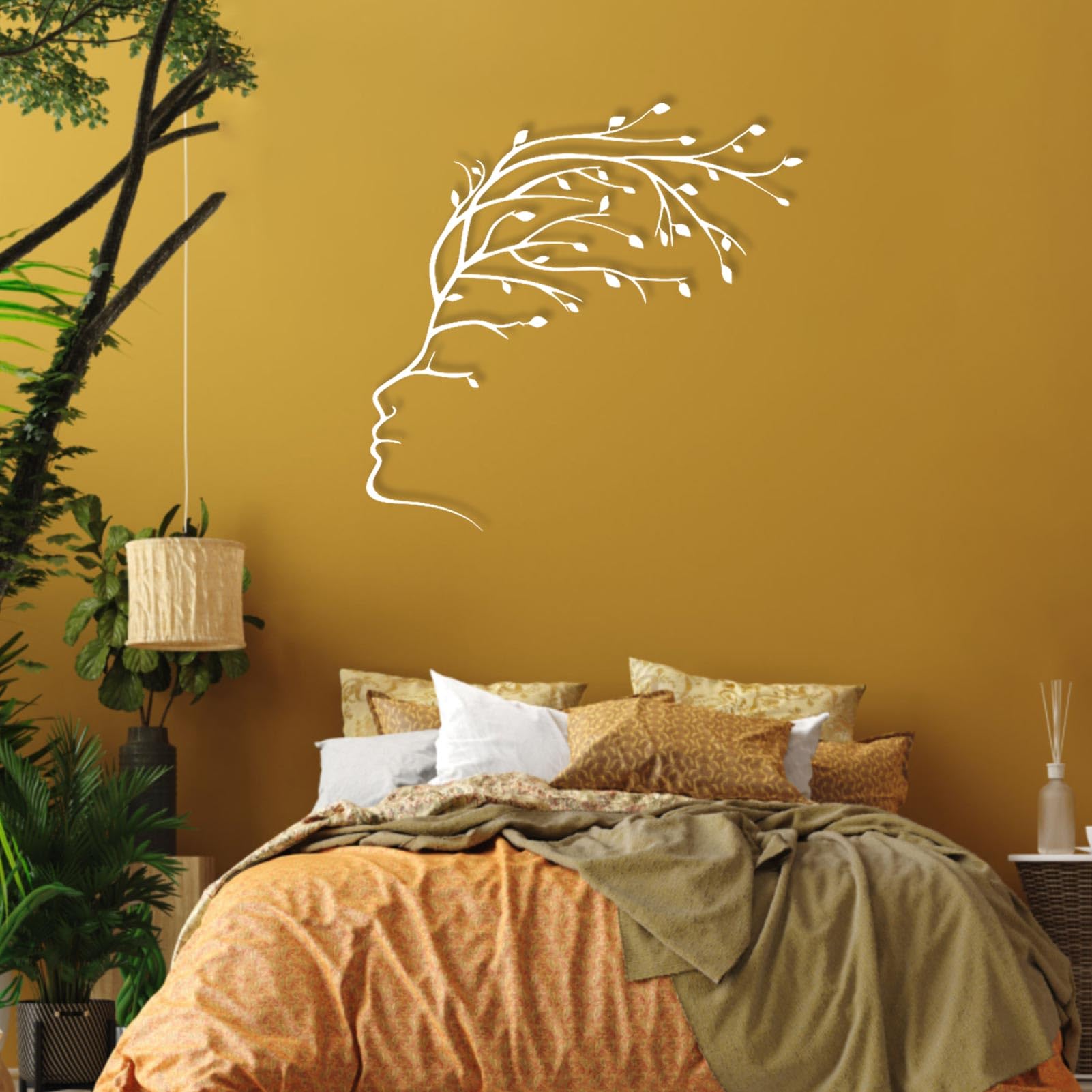 Visage de femme et branches d'arbre déco murale métal blanche poétique