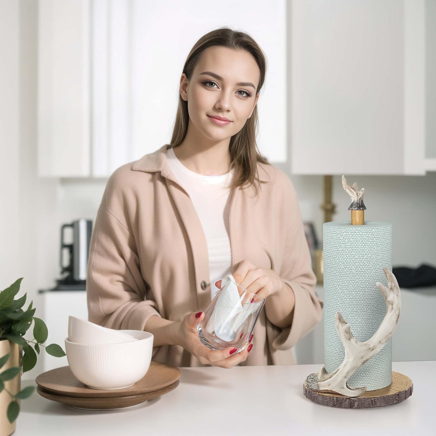 Wuwrll Antler Ridge Paper Towel Holder，with Microfiber Tearable Rags Countertop Paper Towel Holders, Vintage Standing Paper Towel Holder for Kitchen, Bathroom, Table Kitchen Decor 15.5''x6.5''