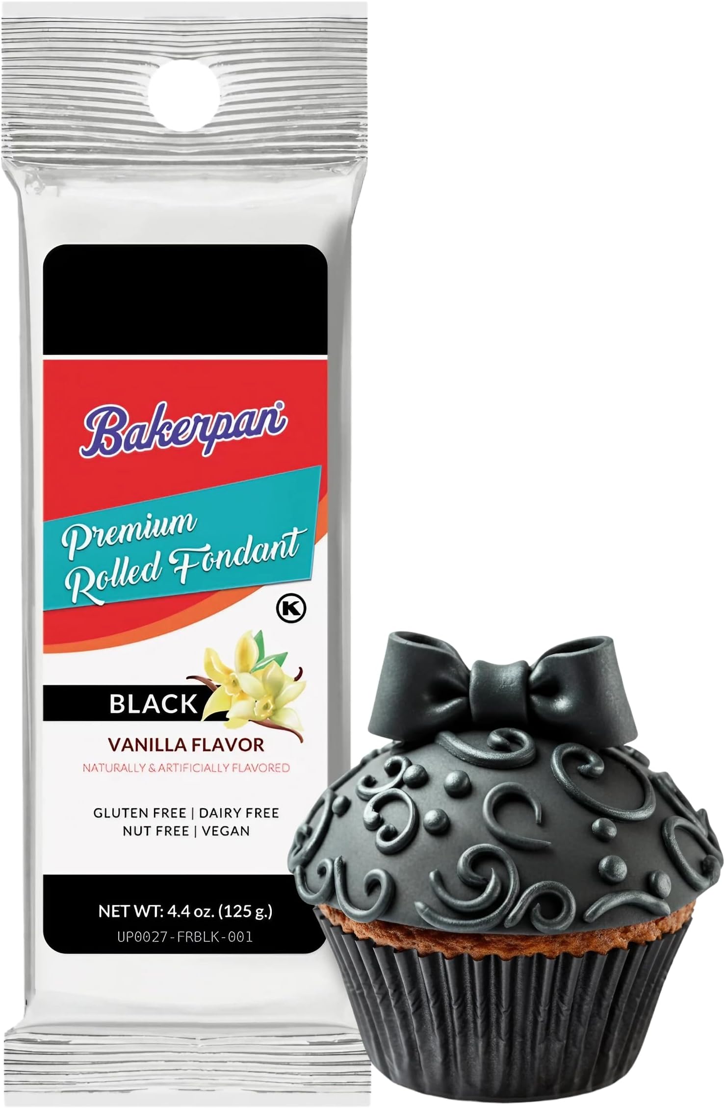 Bakerpan Premium Rolled Black Fondant for Cake Decorating, Vanilla Flavor - 4.4 Ounces (Made in USA)