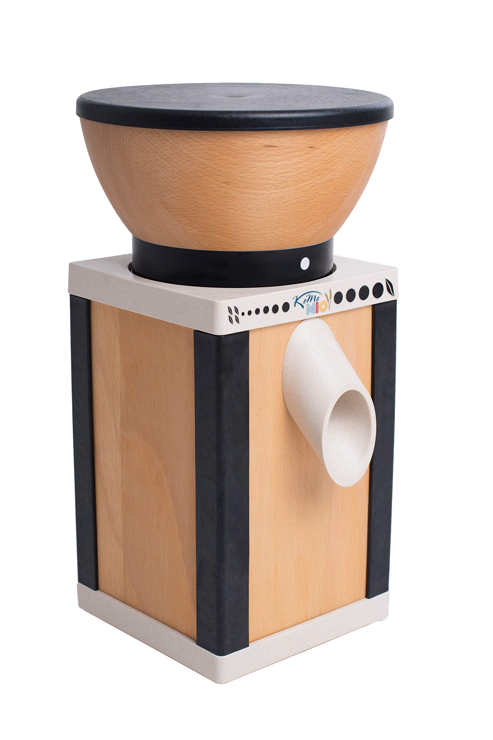 KoMo KoMoMio Getreidemühle elektrisch schwarz – 360W Motor – Holztrichter Buche massiv – Buche-Multiplex & recycelter ABS – Edelkorund-Keramik-Mahlwerk – für alle Getreidesorten, Mehl, Brot
