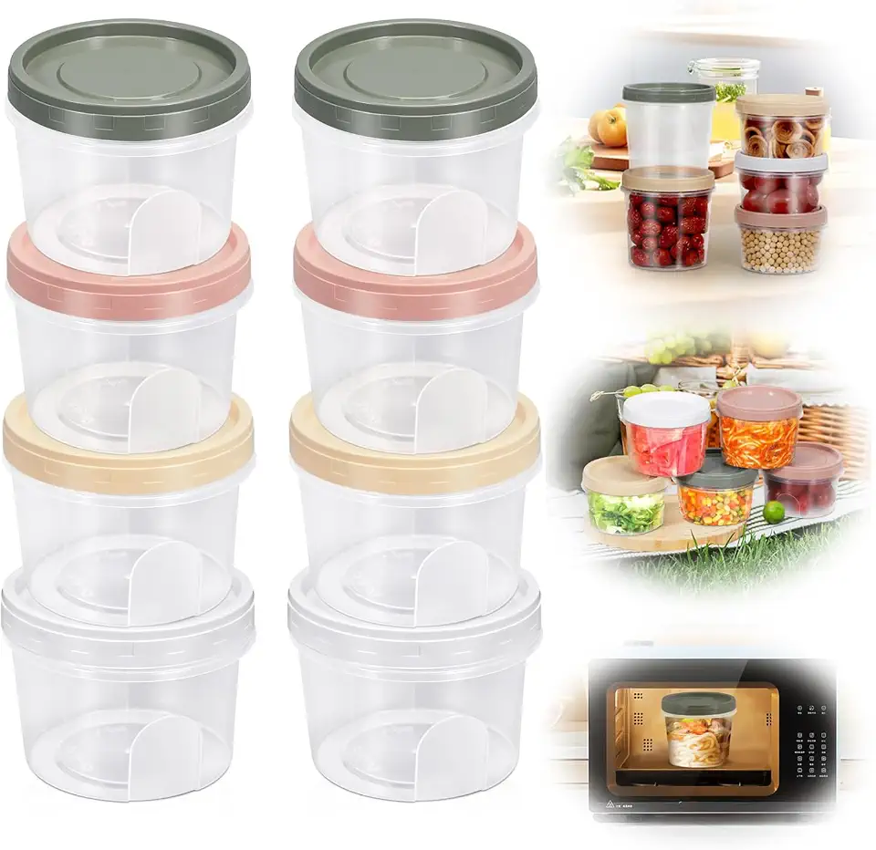 Azonee 8 Piece Set 16oz Plastic Storage Containers with Lids, Kitchen Leak Proof Food Grade Sealed Circular Fresh-keeping Box, Microwave Freezer Safe Bowls, Meal Preparation Containers (500ML)
