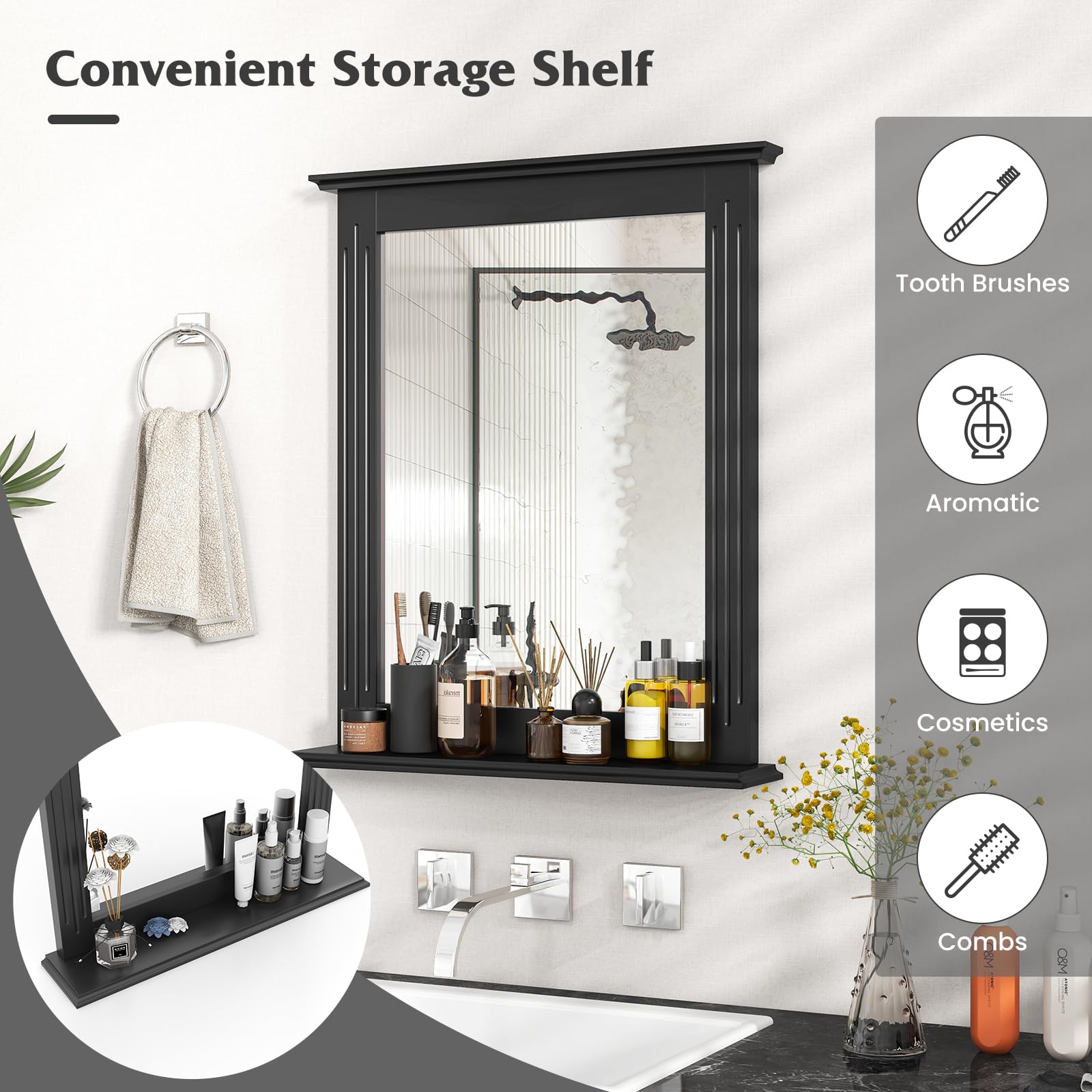 ②WWW_RACK WHAT WE WANT Tangkula Bathroom Wall Mirror with Shelf, Rectangle Over