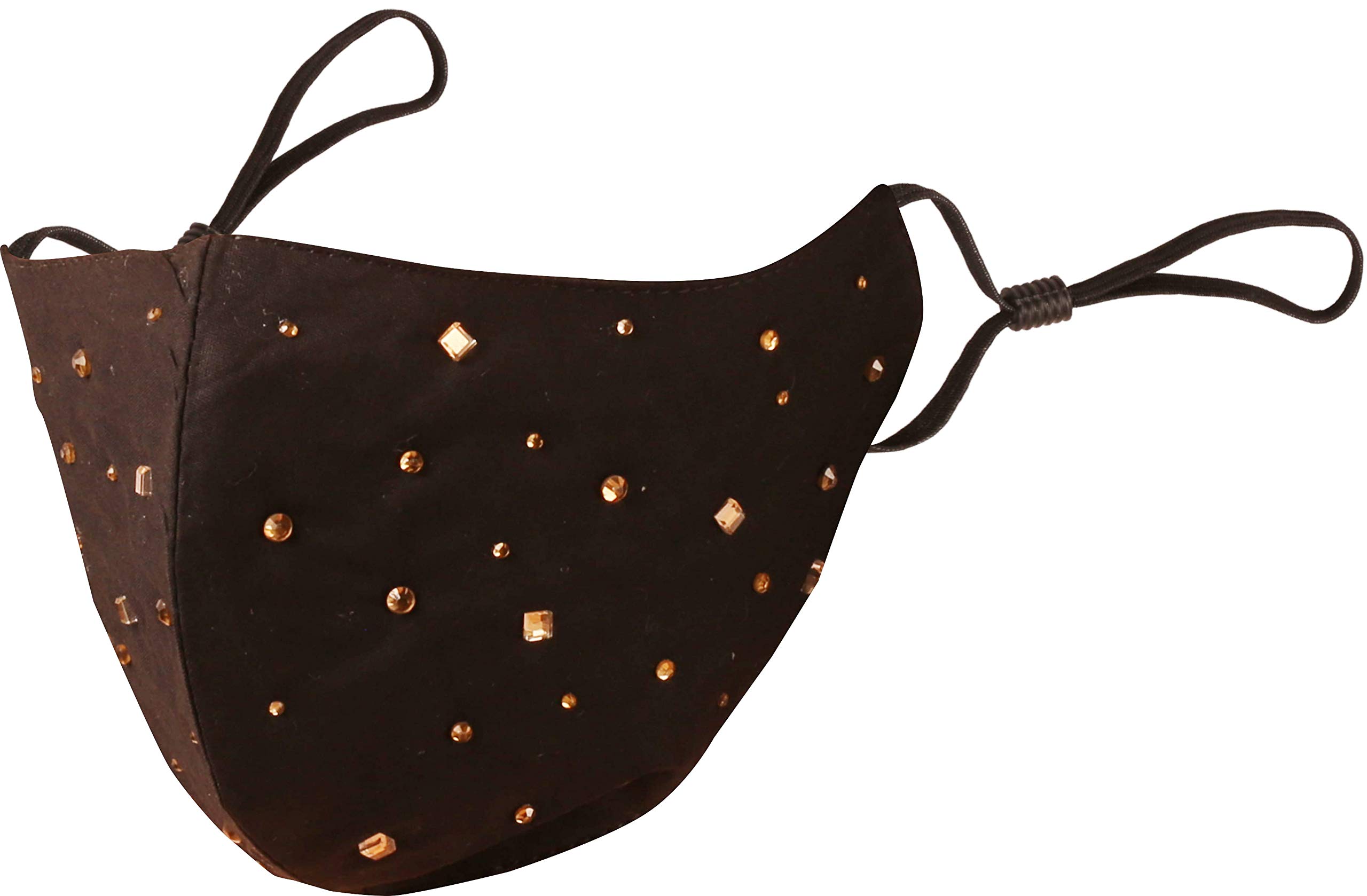 Touchstone Golden Rhinestone spangle 3 layer cotton medium size face masks reusable washable adjustable elastic ear loops for women. (Pack of 1). Black