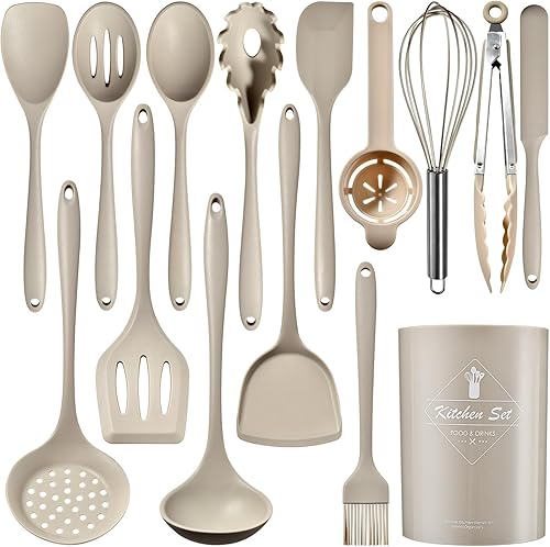 Juego de utensilios de cocina de silicona, juego de 15 utensilios de silicona no tóxicos para cocinar, herramientas de cocina de grado alimenticio
