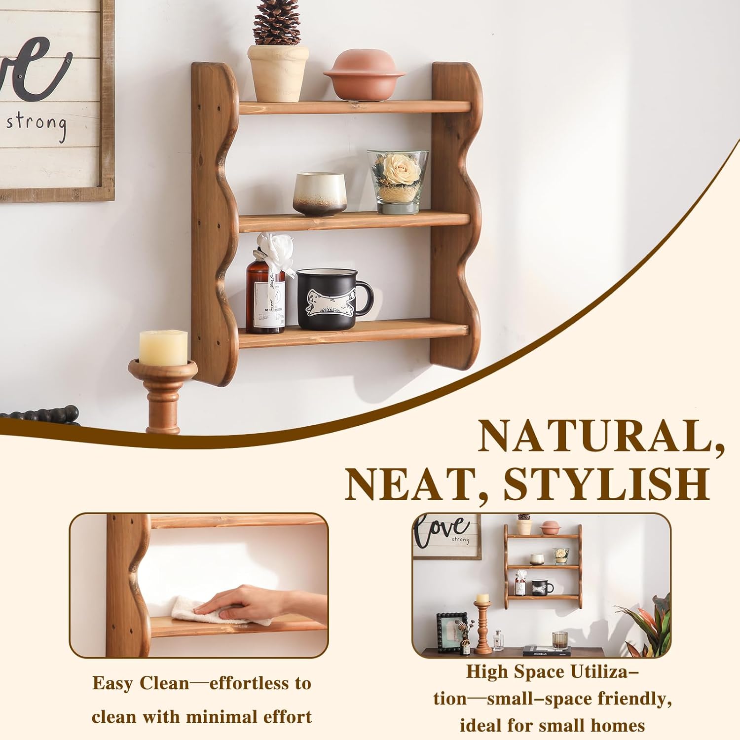 100% Solid Wood Wall Shelf 3-Tier, Rustic Floating Shelves Wall Mounted Storage Rack, Farmhouse Decor Hanging Shelf Display Shelves for Apartment, Living Room and Bedroom