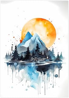 Mountain Lake Art Print: Original Watercolour Expressionism, Tranquil Sunset & Sunrise Scenery for Modern Home Decor