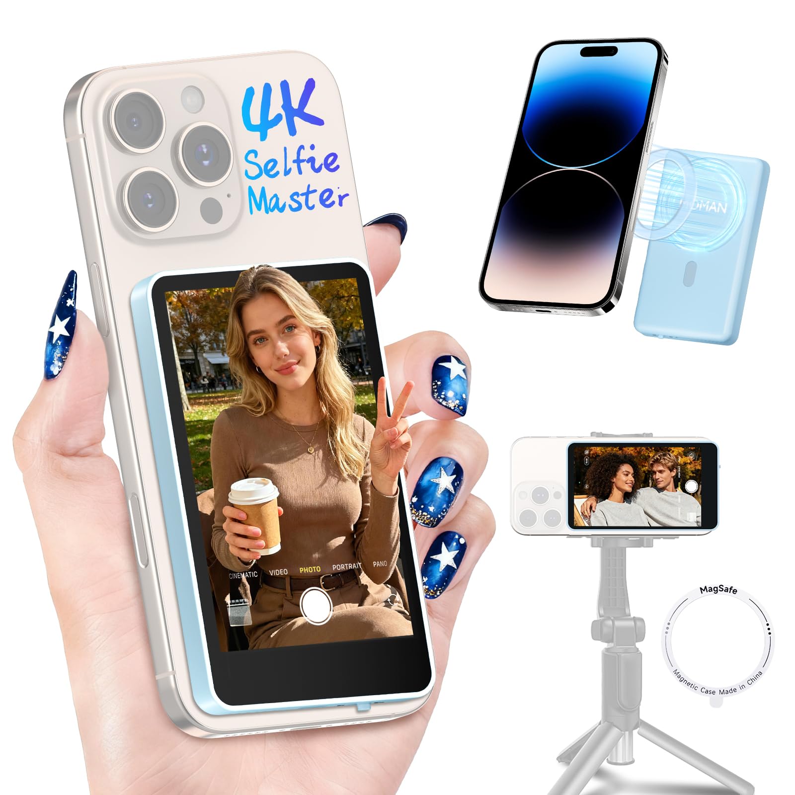 Moman Vlog Selfie Monitor Screen for iPhone 7-16 Series, 4K 60fps &amp; Encrypted Private Wireless for iPhone, Magnetic Back Camera Monitor, P2P Wireless, 164 ft Range for TikTok, YouTube, Vlogging (Blue)
