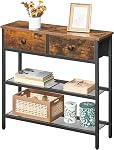 HOOBRO 75 cm Narrow Console Table with 2 Fabric Drawers, Small Entryway Table with 3-Tier Storage Shelves, Thin Sofa Side Table, for Living Room, Hallway, Rustic Brown and Black BF72XG01