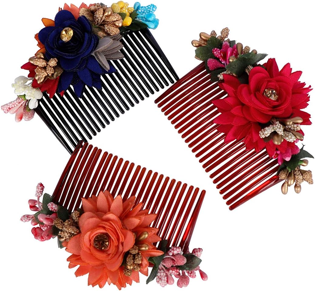 Accessher Multicolor Pack of 3 Acrylic Comb Indo Western Fancy Hair Clip/Side Pin/Comb Pin/Jooda Pin Hair Accessories with Cloth flower for women and girls pack of 3
