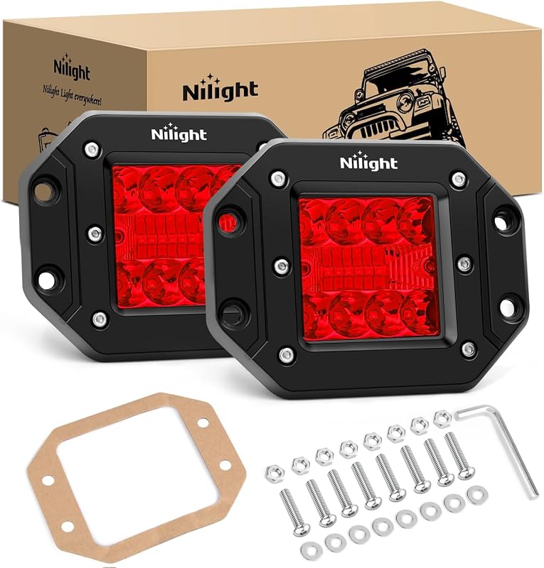 Kit com 2 Faróis de LED Nilight 42 W para Embutir, Feixe Combinado Spot Flood Vermelho