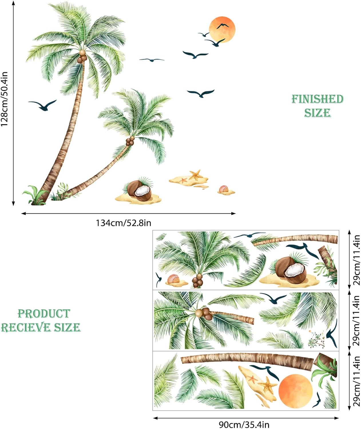 Tropical Plam Tree Wall Decals Peel and Stick Green Palm Leaves Summer Beach Wall Art Stickers for Living Room Bedroom TV Sofa Background Decor