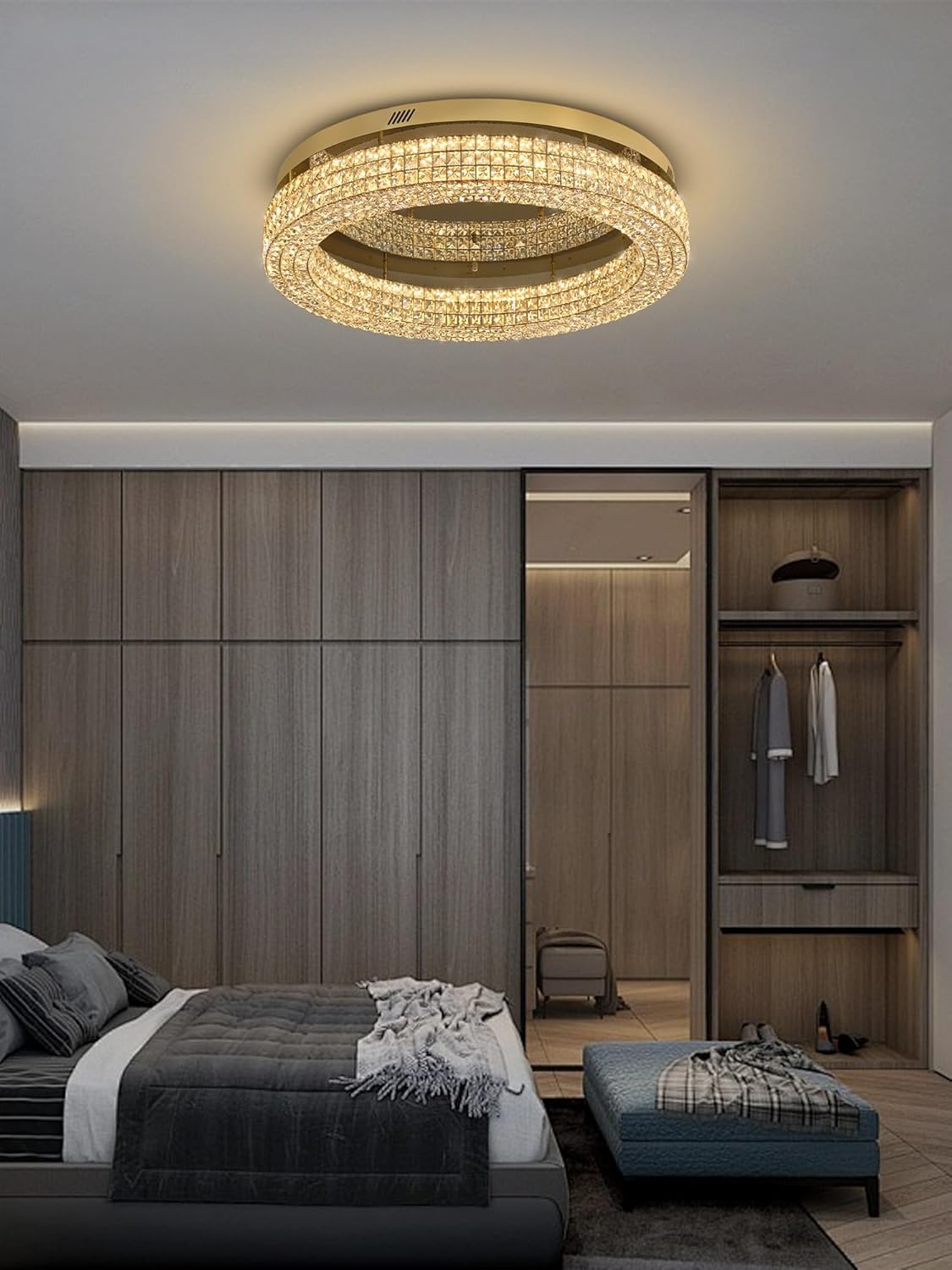32'' Modern Chandeliers for Living Room Crystal Chandelier Flush Mount Ceiling Light Fixture for Dining Room Living Room Bedroom Dimmable 2700-6000K (Gold Chandelier)