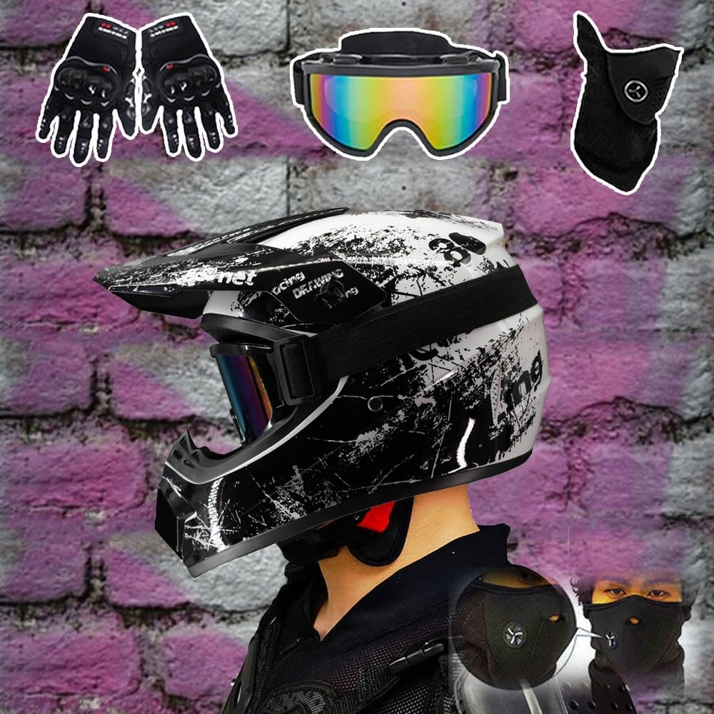 Cascos de Motocross Todoterreno para NiñOs de 8 A 14 AñOs, Casco BMX, MX, ATV, con Gafas, Guantes Y MáScara, Aprobados por El Dot
