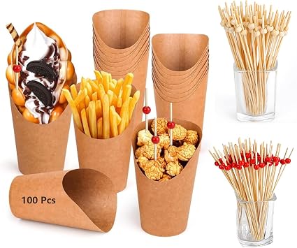 Disposable Charcuterie Cups 100 PCS with 200PCS Sticks, 12 oz Kraft Paper Snack Appetizer Cup, French Fry Holder Popcorn Boxes Appetizer Cups for All Party Occacions