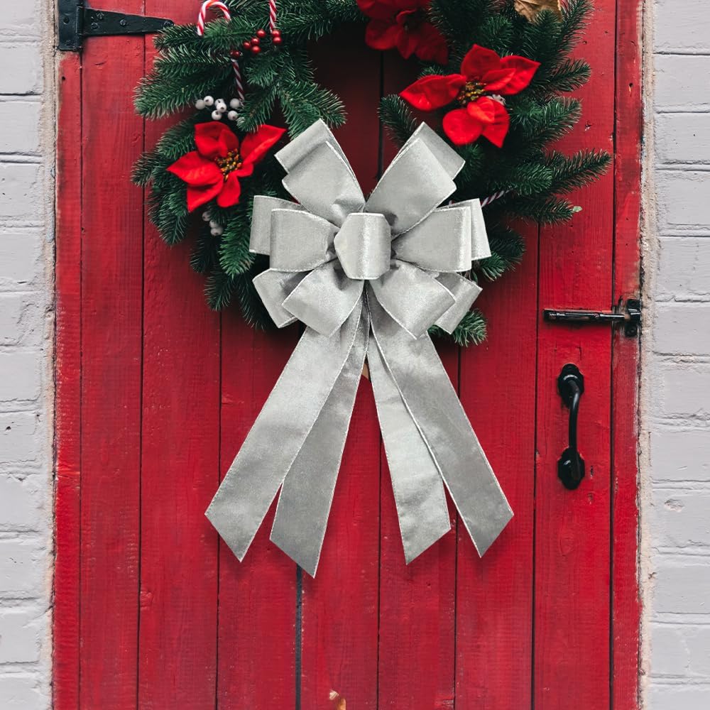 Large Christmas Bow for Wreath 20 * 11inch Vintage Gray Wreath Bow Gray Velvet Tree Topper Ornament Decorative Bow for Xmas Home Outdoor Indoor Party - Image 4