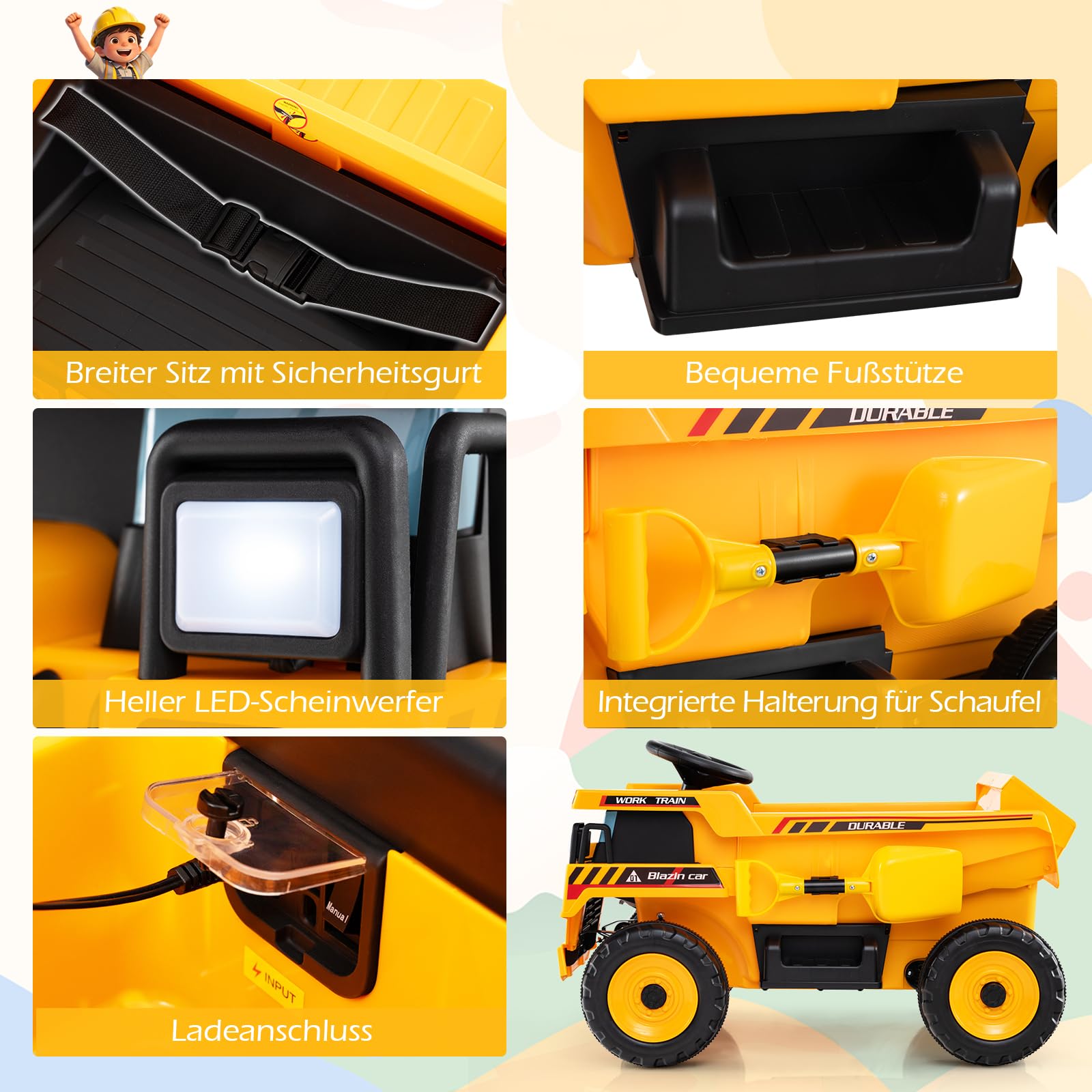 COSTWAY 24V Kinder Elektroauto, Kinderauto Elektrisch mit Kippmulde, Schaufel & Fernbedienung, Elektrofahrzeug mit Scheinwerfer, Musik & Hupe, Muldenkipper für Kinder ab 3 Jahren