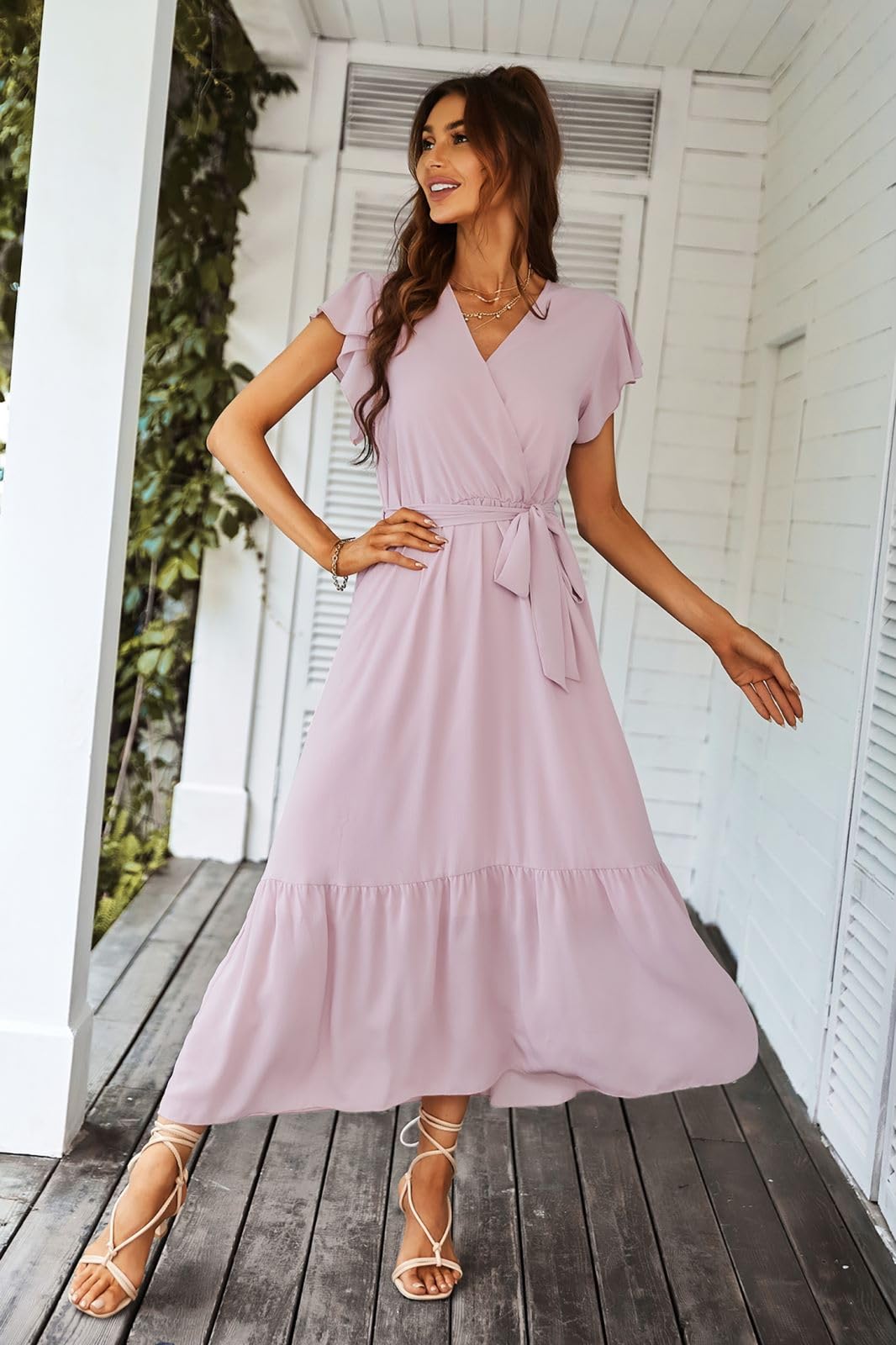 Awemeal Elegancka sukienka damska, letnia sukienka z dekoltem w serek, z krótkim rękawem, długa, letnia sukienka w stylu boho, z paskiem, falbankami, obszyciem, sukienka plażowa, linia A, płynna