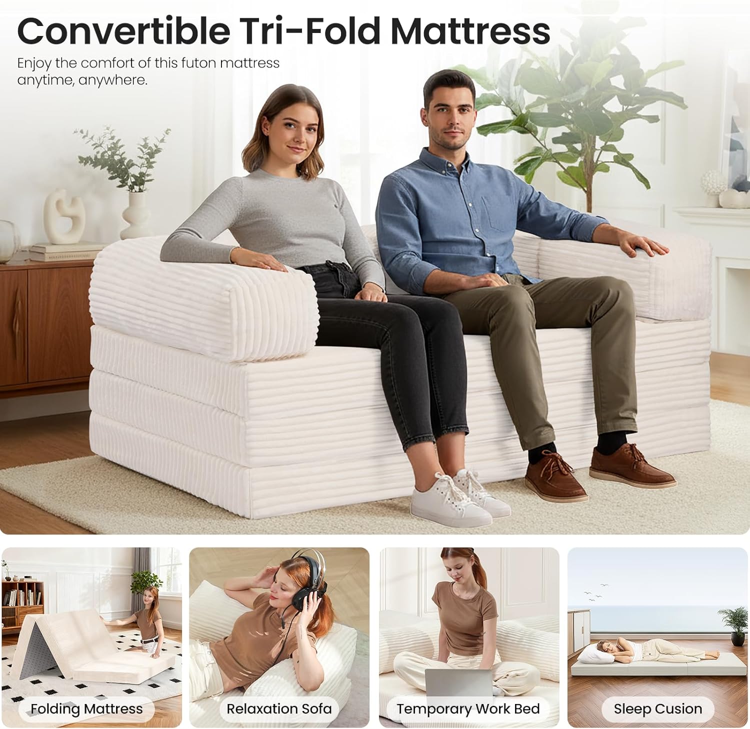 Tri-Fold Foldable Mattress, Convertible Folding Sofa Bed with Removable Arms & Washable Cover, All-in-One Portable Mattress Floor Sofa Bed, No Assembly Required & Non-Slip, Full Size, Beige