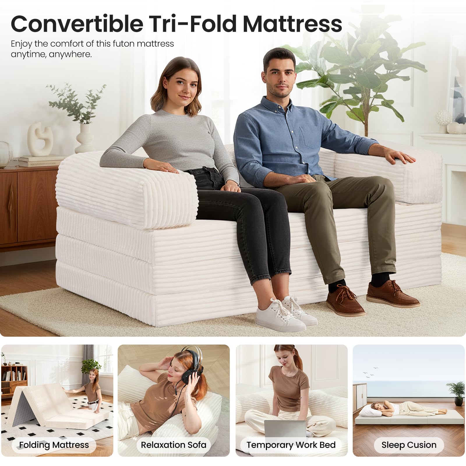 Tri-Fold Foldable Mattress, Convertible Folding Sofa Bed with Removable Arms & Washable Cover, All-in-One Portable Mattress Floor Sofa Bed, No Assembly Required & Non-Slip, Full Size, Beige