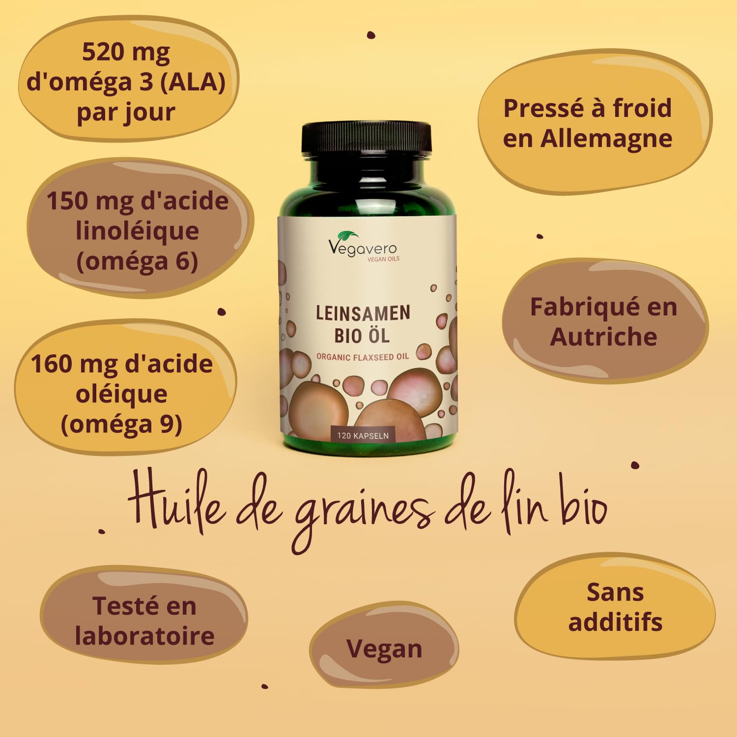 OMÉGA 3 6 9 BIO Vegavero® | VEGAN | 100% Naturel : Huile de Lin 1000 mg | Sans Additifs | 120 Gélules