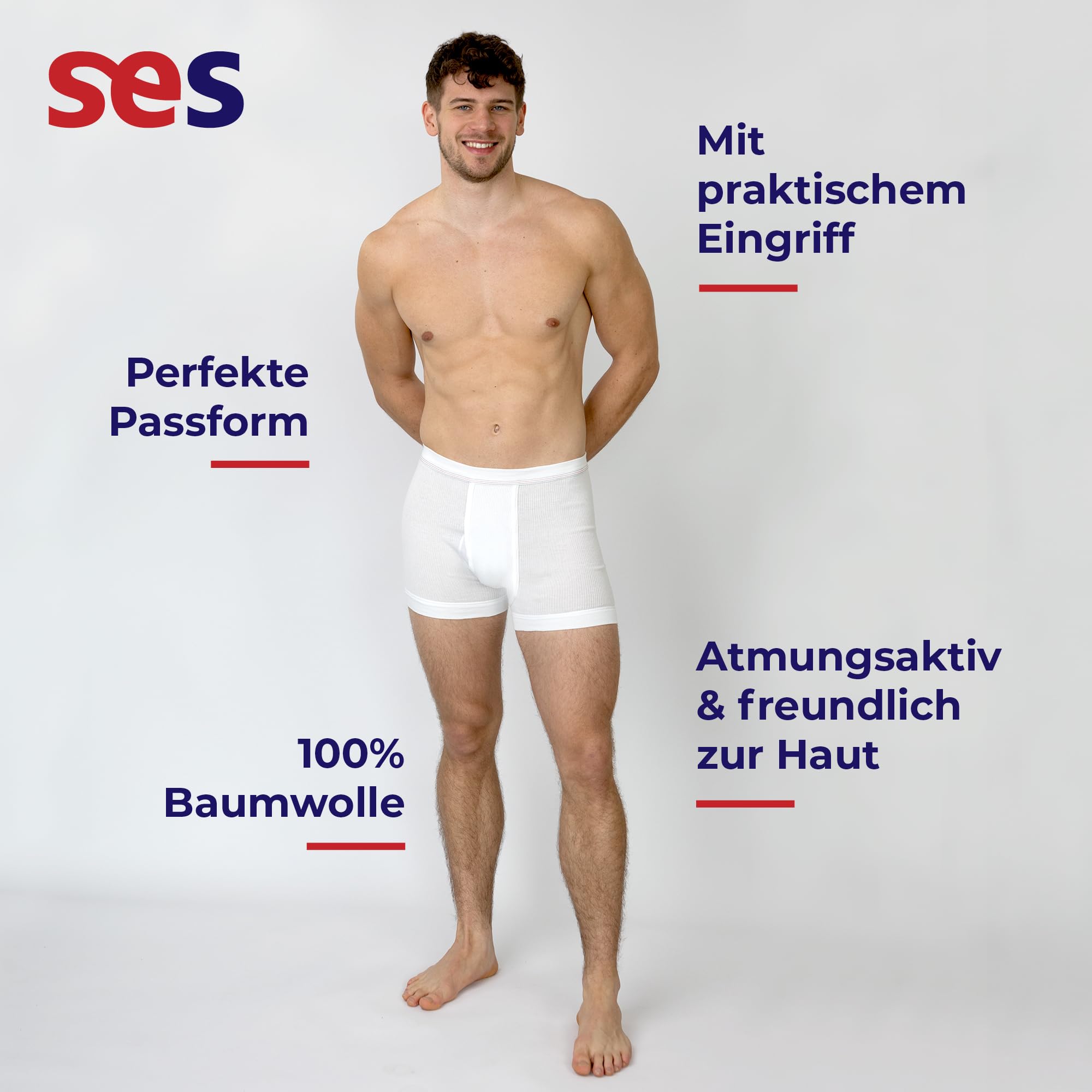 SES Męskie majtki Schlüpfer 3-pak, podwójne żebrowanie z rozporkiem i miękkim ściągaczem ze 100% bawełny, biały, L