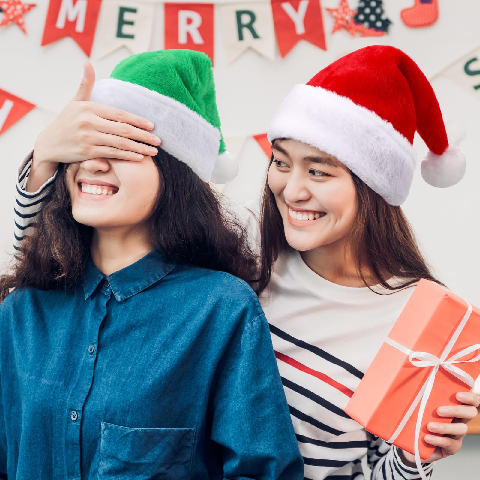 Geyoga Lot de 12 bonnets de Père Noël unisexe en velours avec bordure en fourrure pour homme et femme