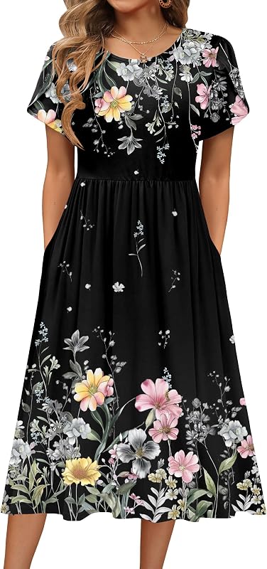 HOTOUCH Women's Summer A-Line Midi Dresses 2026 Casual Floral Short Sleeve T-Shirt Dress Flowy Beach Sundress with Pockets
