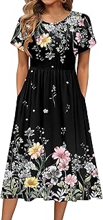 HOTOUCH Women's Summer A-Line Midi Dresses 2026 Casual Floral Short Sleeve T-Shirt Dress Flowy Beach Sundress with Pockets