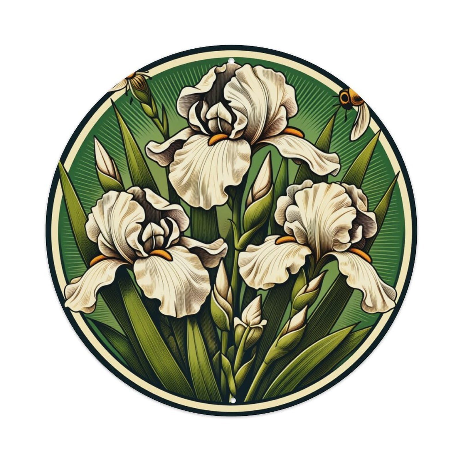 Iris Flowers Green Background Circular Design Round Tin Sign Vintage Metal Poster, Home Bar Garage Man Cave Cafe Indoor & Outdoor Wall Decoration 8x8Inches