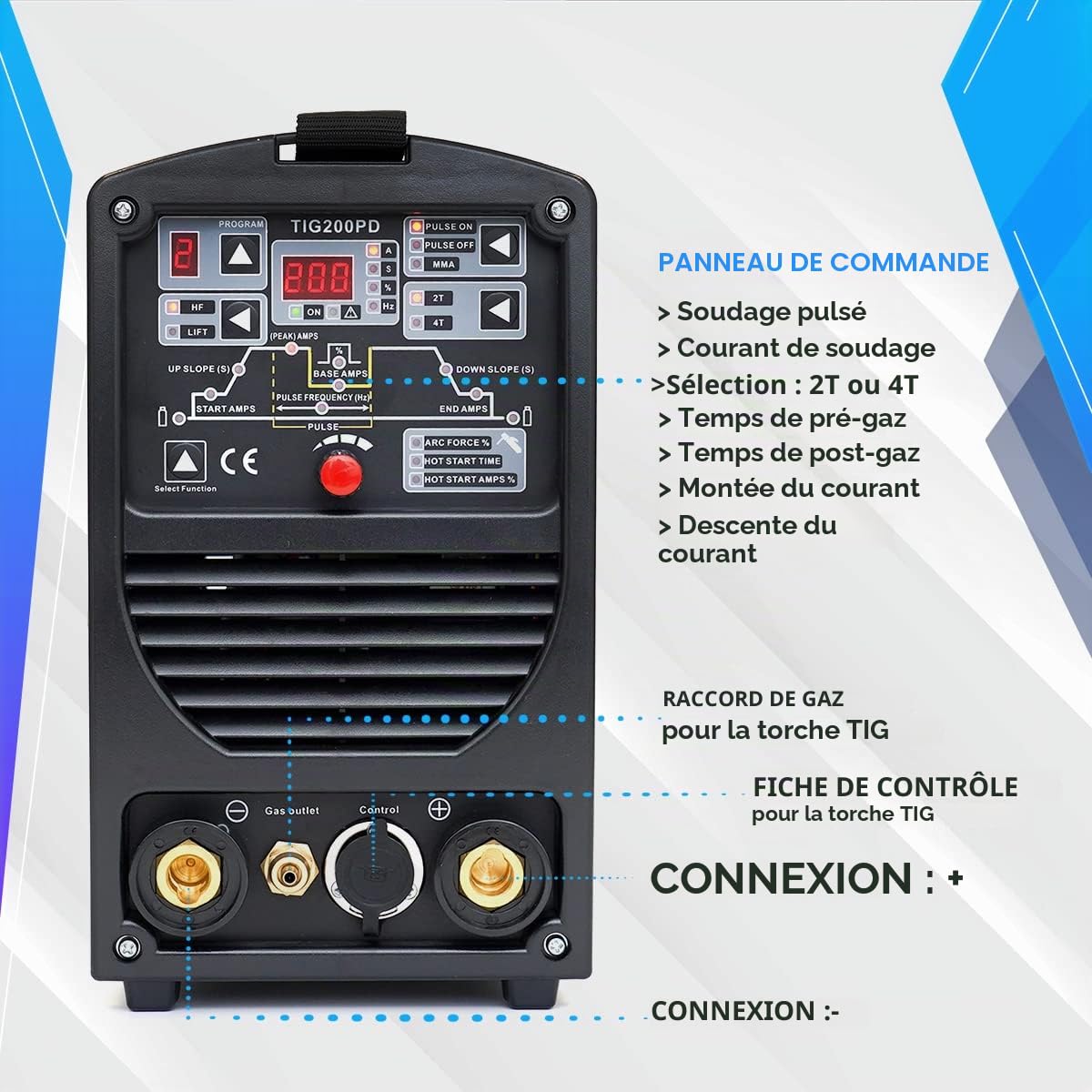 IPOTOOLS TIG-200PD poste a souder TIG - Poste à souder TIG avec 200A 230V IGBT, 3 en 1 Poste TIG, MMA électrodes, Poste de Soudage Portable, garantie de 7 ans