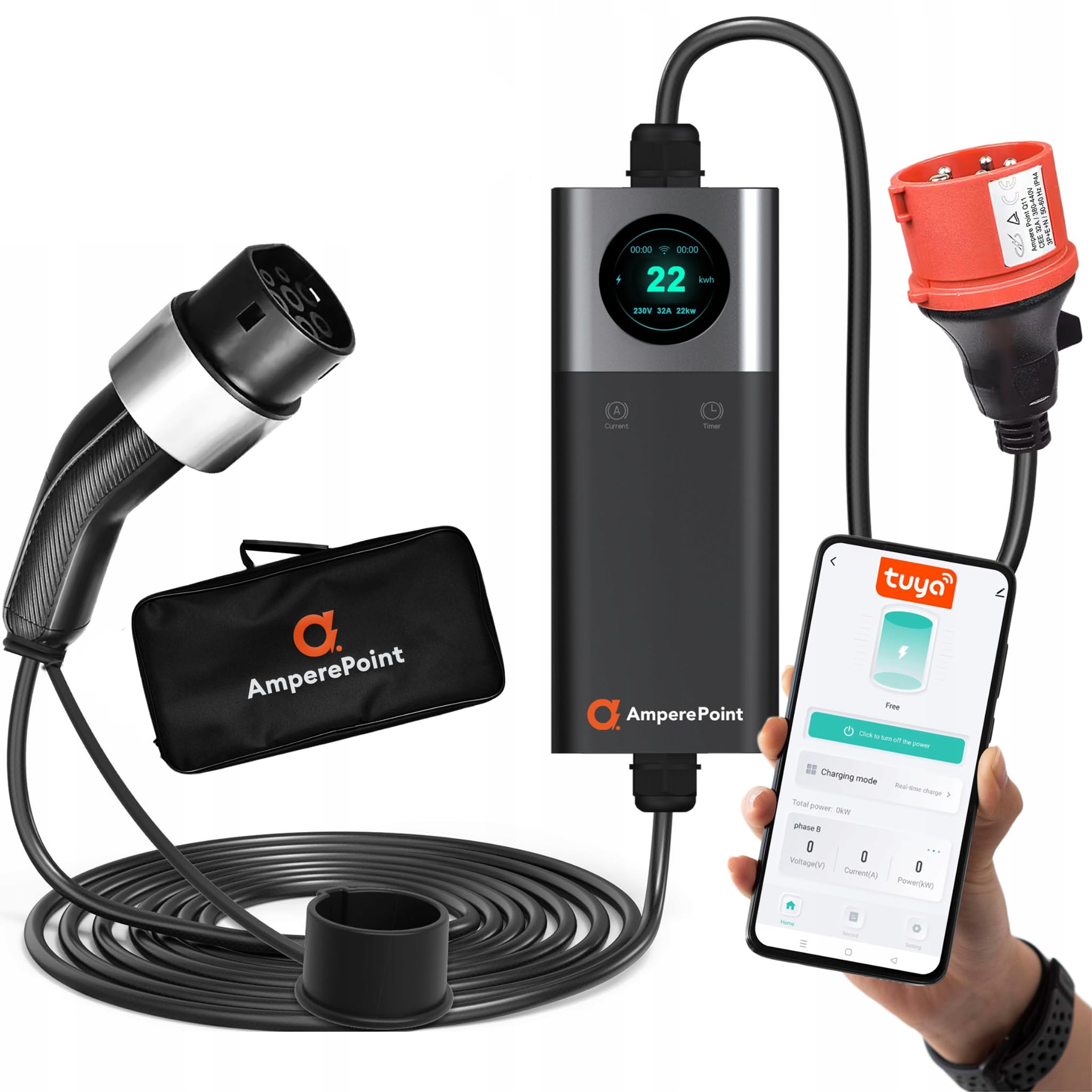 Mobile Wallbox EV 22 kW 32A Typ 2 Ladestation, Einstellbare Ladeleistung 6-32A, 6 m Kabel, CEE 32A 5P Stecker, Tragbares Ladegerät mit LCD-Display, WLAN & Tuya-App, Tasche & Wandhalterung