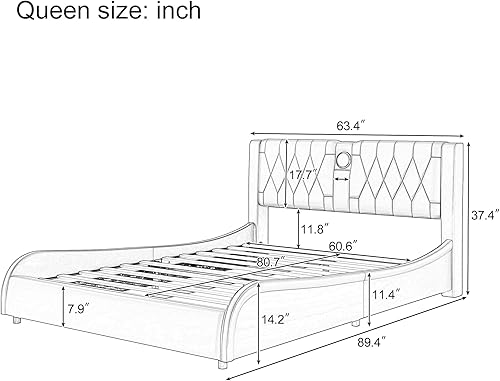 Miniatura 2 de Base de cama de plataforma tapizada tamaño Queen con luces LED debajo moderna de perfil bajo ondulado con cabecero, piel sintética, soporte de