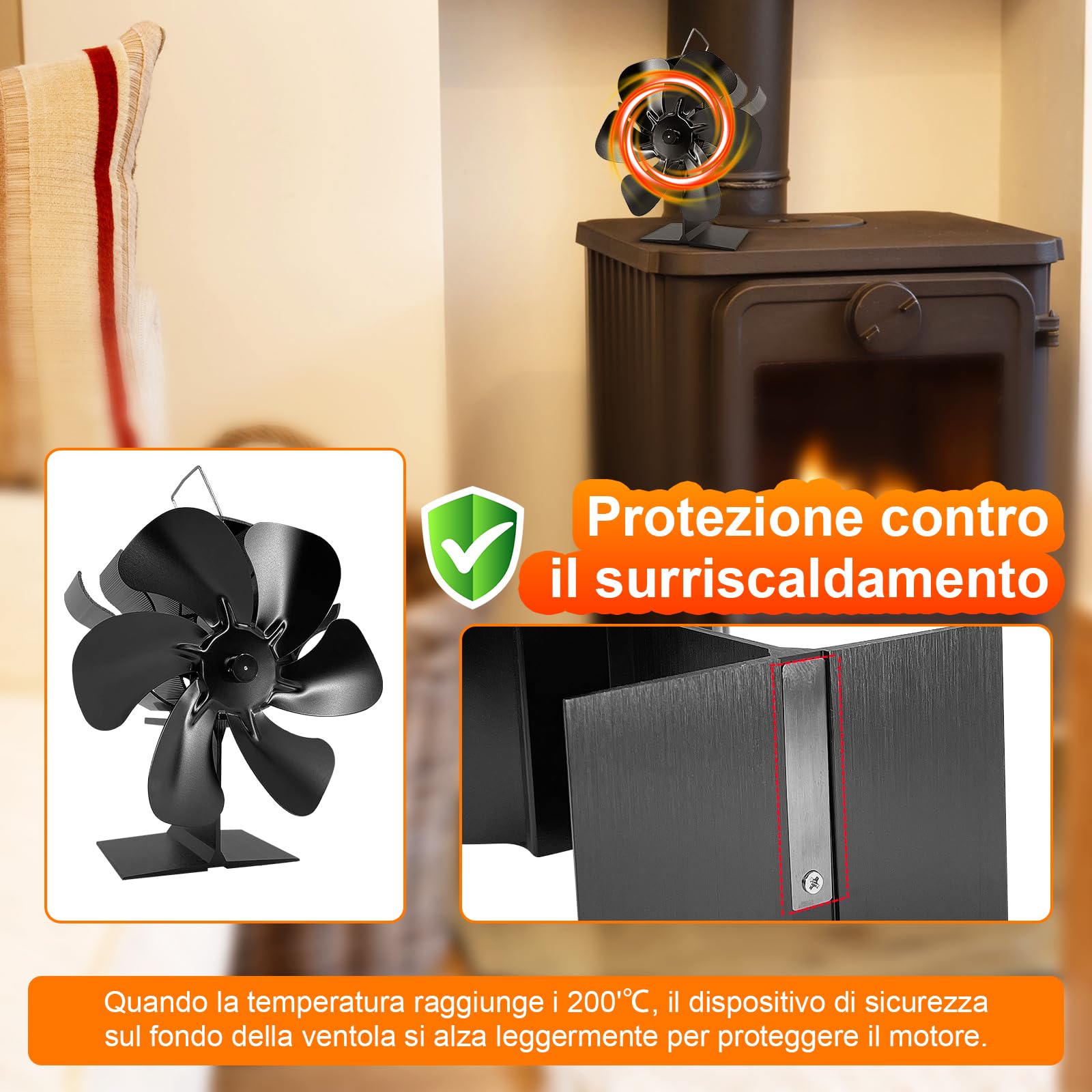 Ventole per stufe camino, Ventilatore Per Camino A Legna, ventilatore a 6 pale, ventilatore per caminetto a 6 pale, ventilatore per stufa a legna/stufa da cucina/caminetto/stufa a gas