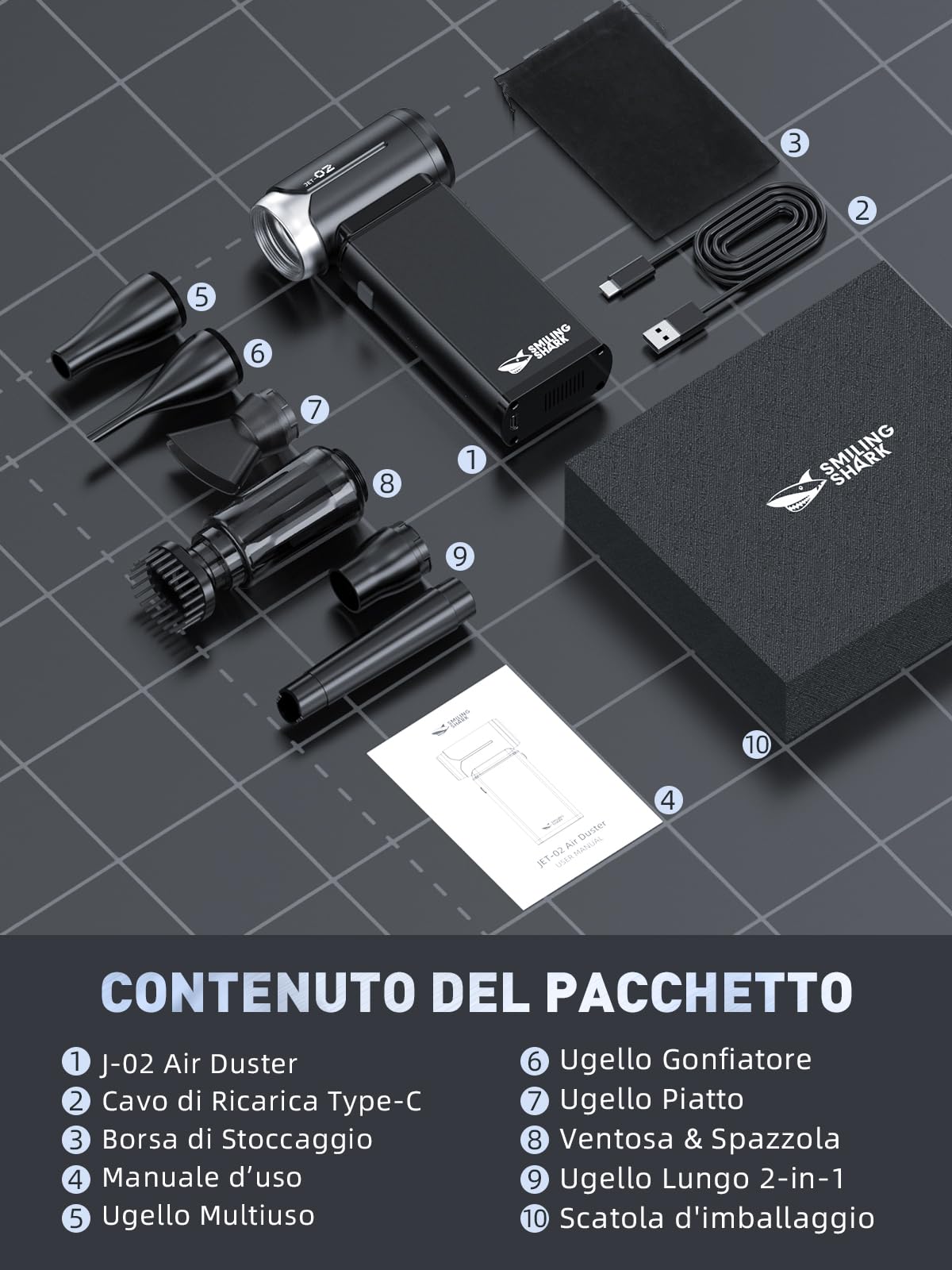 Smiling Shark Elettrico Rimuovi Polvere Aria Compressa, J02 Alluminio 150000 Giri/Min Soffiatore d'Aria Elettrico - Senza Fili con Modalità Storm & Batteria 8000mAh per PC/Auto/Casa/Camping, Nero