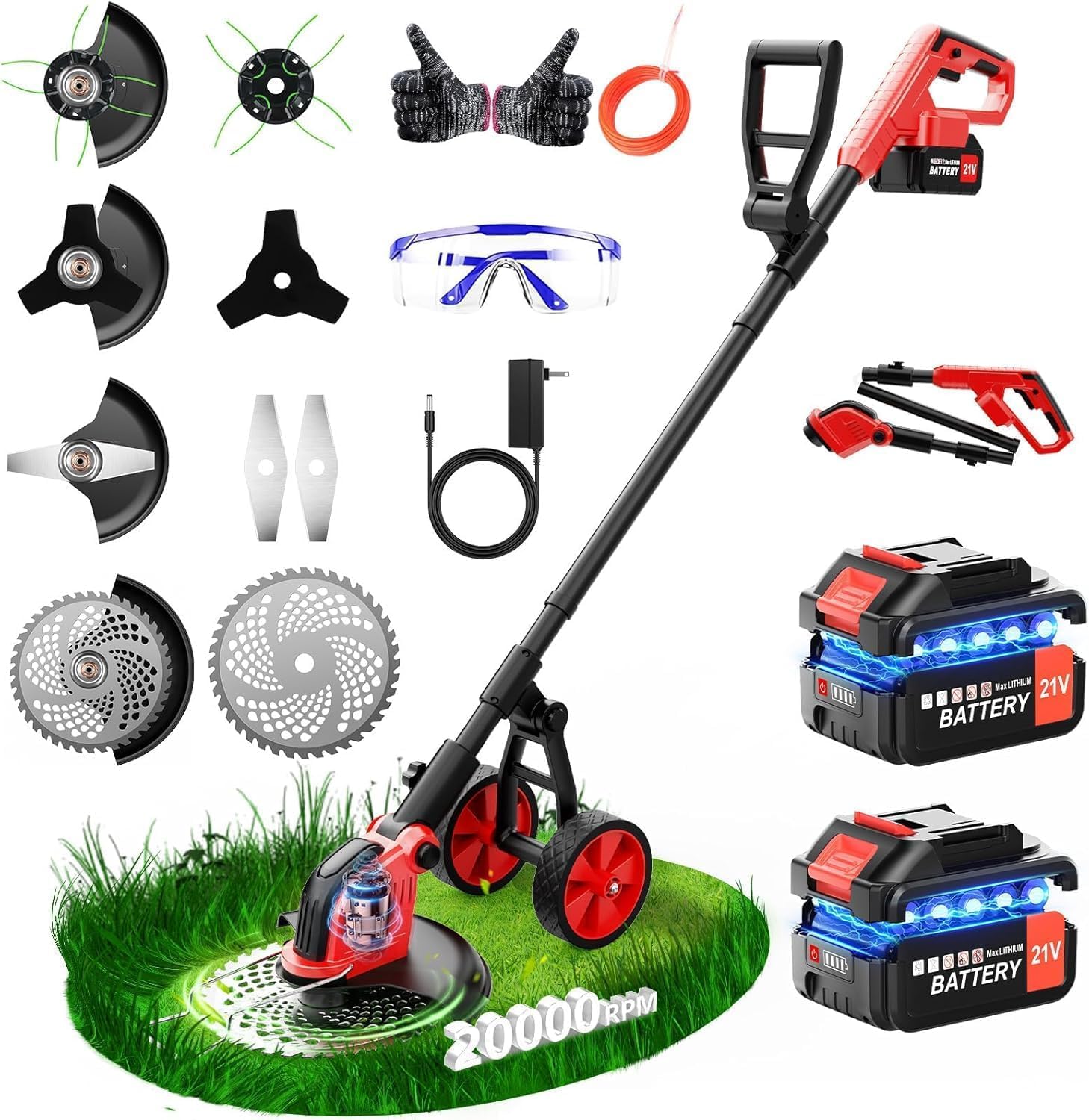 Decespugliatore elettrico da 30,5 cm, con 2 batterie da 3,0 Ah e caricabatterie, potente 20000 giri/min, 4 tipi di lame, decespugliatore telescopico con ruote staccabili per potatura da giardino