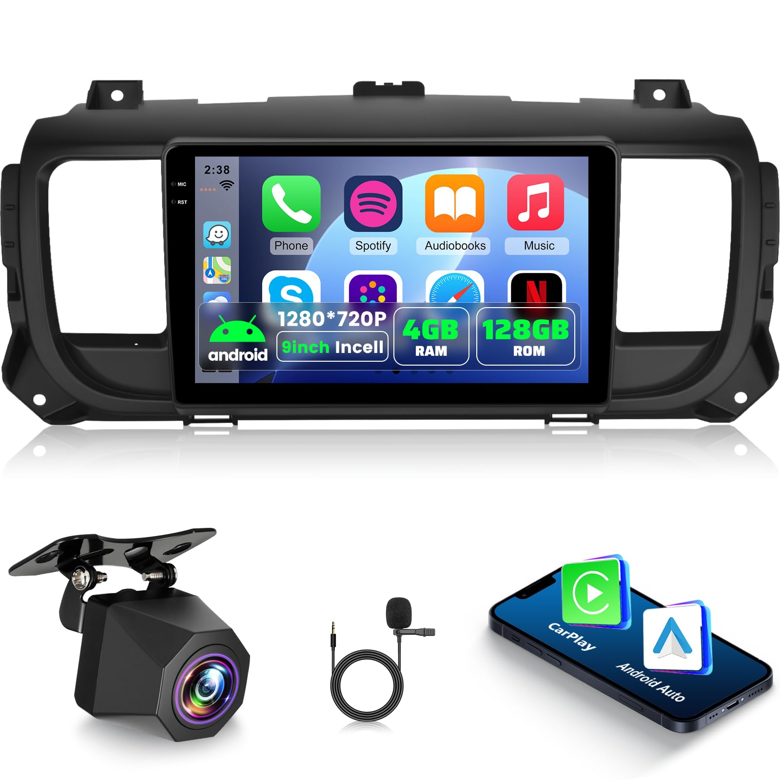 NHOPEEW Autoradio Android 4+128 GB per Citroën Jumpy 3/Peugeot Expert/Toyota Proace 2016-2021 con supporto CarPlay e Android Auto, WiFi, GPS, comandi al volante + telecamera di retromarcia