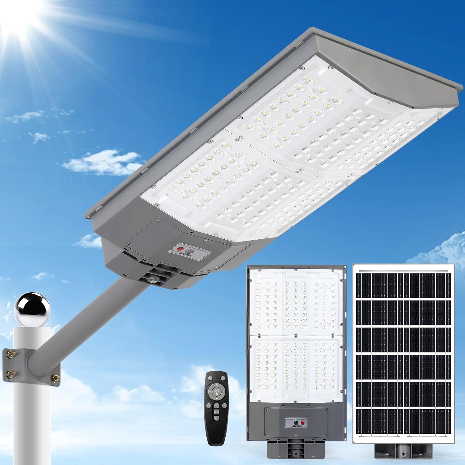 7000w solar street lights outdoor, 650000lm 7000k solar parking lot lights dusk to dawn 40000mah ip67 waterproof pole security flood lamps with motion sensor and remote for yard, garage, driveway 136a-l