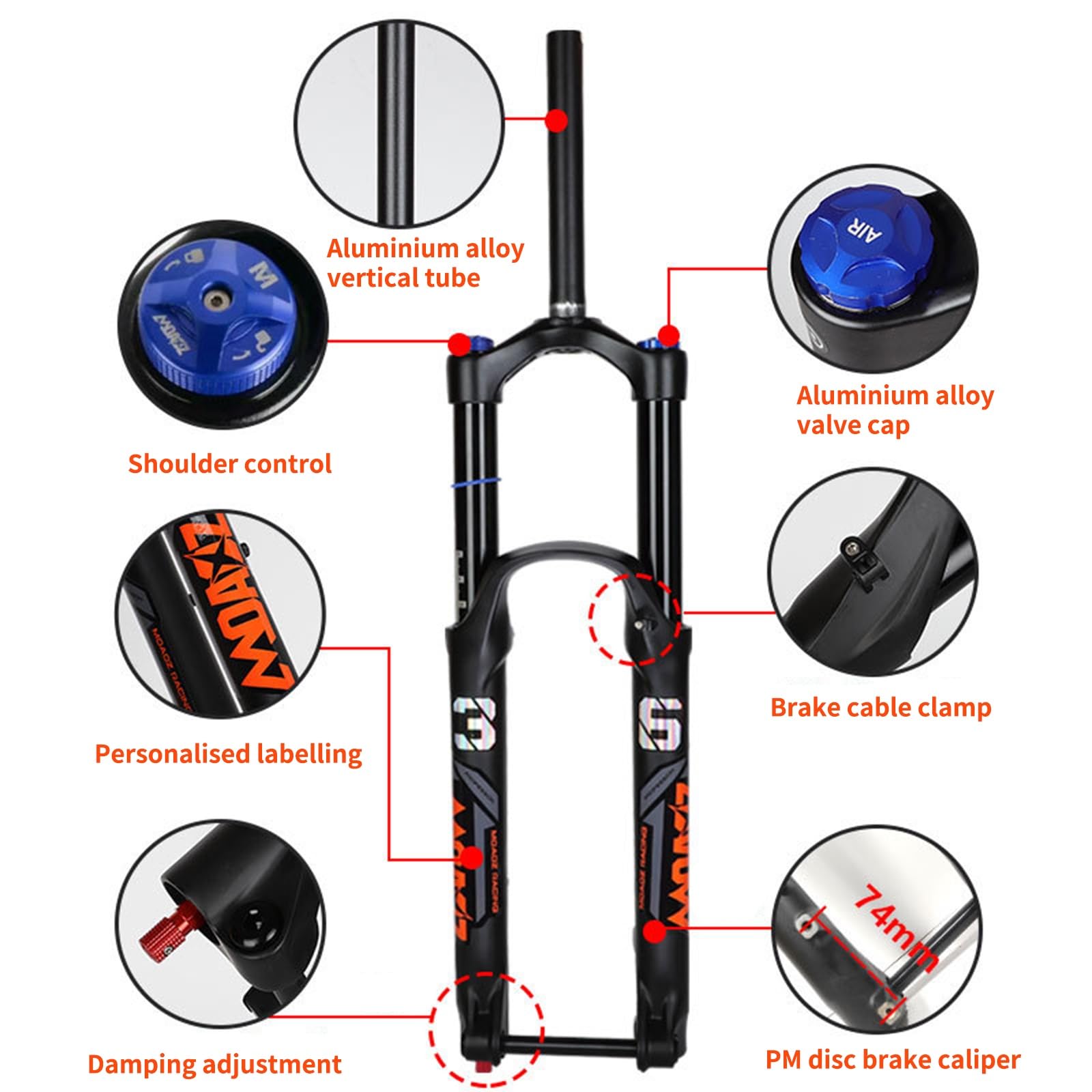 Forcella Anteriore per Mountain Bike da 26/27,5/29 Pollici, Perno Passante 110x15 mm, Sospensione pneumatica Boost Downhill, Escursione 175 mm, Tubo Dritto/Conico da 1-1/8'' con re
