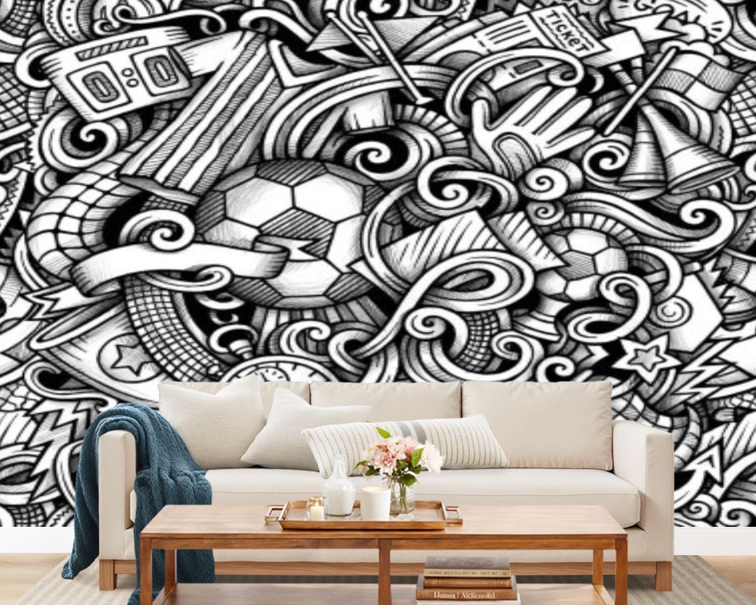 Wall Mural Wallpaper Football Hand Drawn Doodles Seamless Graphics Design Removable Silk Wall Sticker Decor for Living Room Bedroom 69