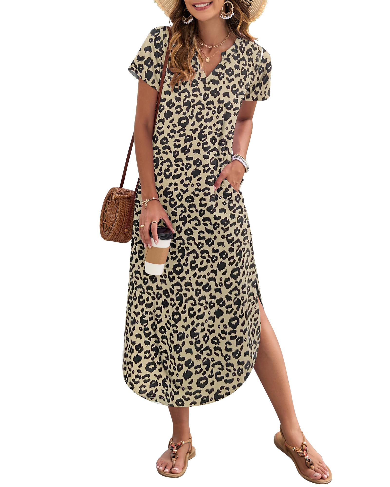 AUSELILY Women's Summer Casual Maxi Dress Short Sleeves V Neck Loose Sundress Split Long Beach Shirt Dress Vacation Leopard XXL