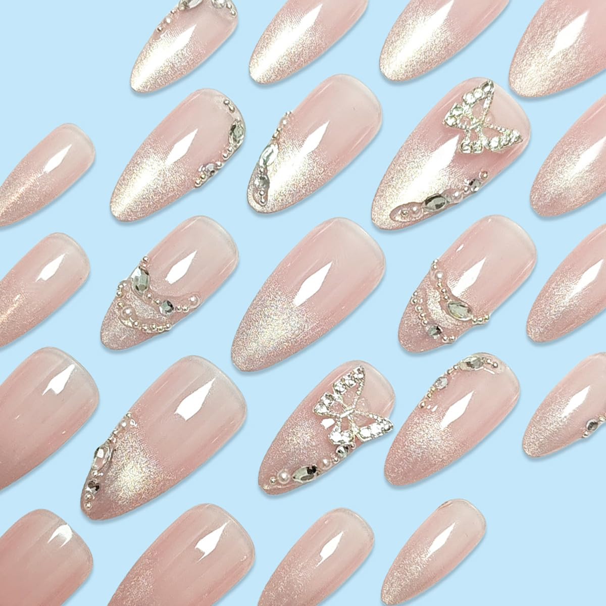 Künstliche Nägel zum Aufdrücken, silberfarbene Strasssteine, mittlere Mandel, Schmetterlings-Edelsteine, Glitzer, volle Abdeckung, Acryl, französische Spitze, zum Aufkleben, Farbverlauf, Rosa
