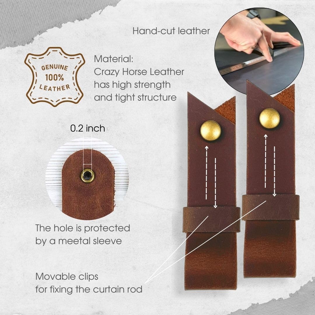Leather Curtain Rod Brackets - Minimalist Design -4 Leather Curtain Rod Brackets - Minimalist Design -4