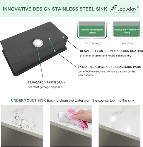 Miniatura 4 de Lepuday Fregadero de cocina de montaje inferior de 30 pulgadas de acero inoxidable calibre 16 fregadero de cocina con estación de trabajo 30 x 19