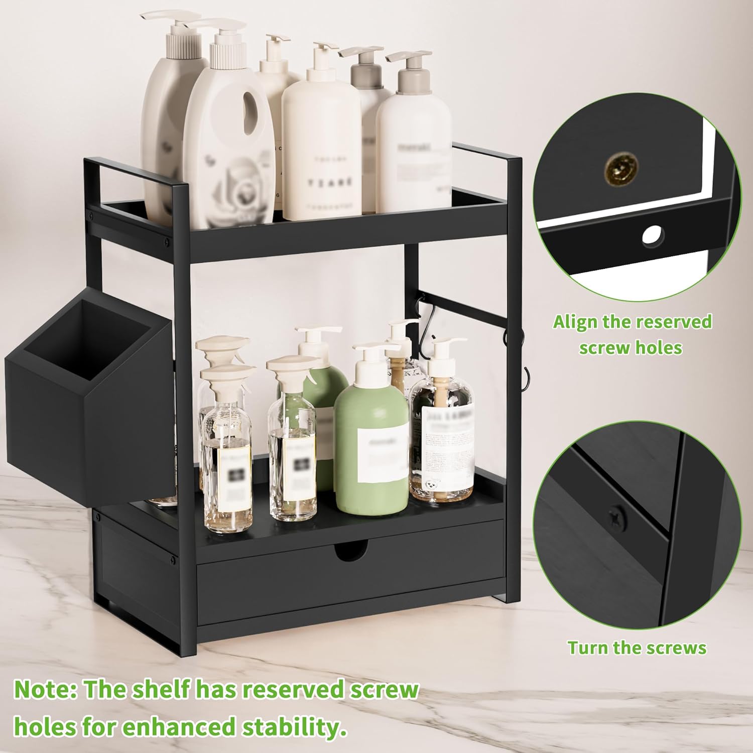 2-Tier Bathroom Counter Organizer with Drawer and Basket, Wood Countertop Organizer for Storage, Skincare Organizers for Vanity, Counter Shelf for Bathroom Organization, Black - Image 4