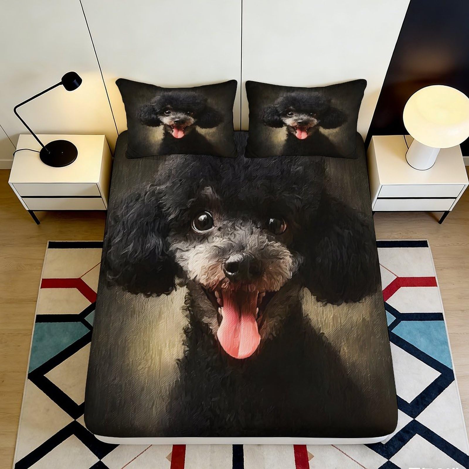3D Printed Black Poodle Fitted Sheet Microfiber Soft Durable 3D Printed Dog Mattress Cover for Bedroom Dormitory Guest Room Protection Decor 160x200x25cm