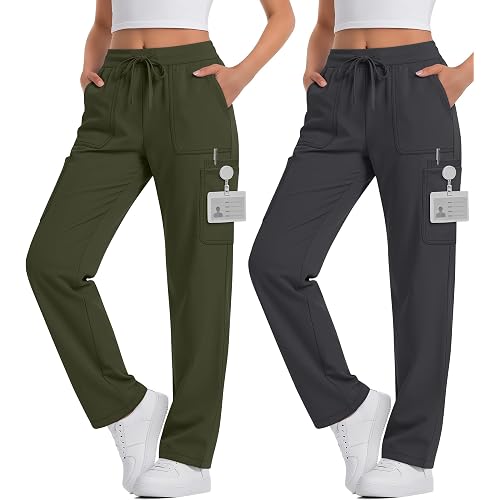 2 Pack Women's Scrub Pants Elastic Waist Drawstring Cargo Pants with 8 Pockets Straight Leg Casual Joggers