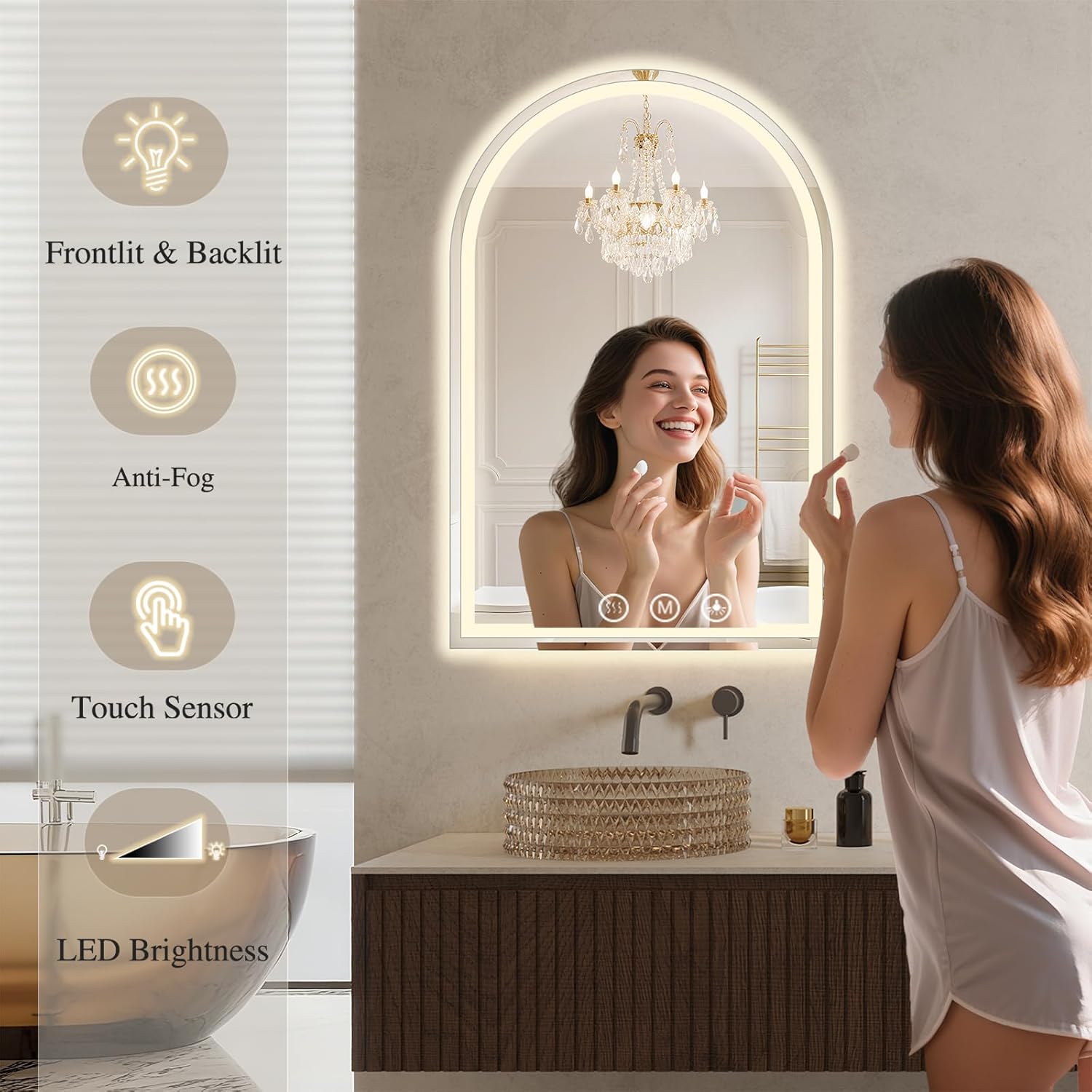 Arched LED Bathroom Mirrors with Lights 30"x48" LED Mirror for Bathroom,Led Vanity Mirror, Anti-Fog,LED Mirrors with Light, Anti-Fog, Dimmable, 3 Color, Shatterproof, Touch Sensor